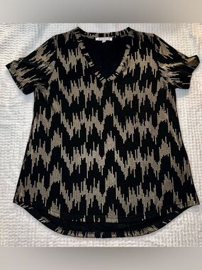 Joy Joy Black Gold Print V Neck Short Sleeve Tee Top Large